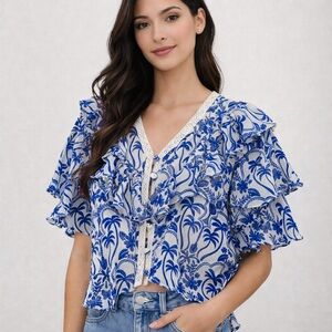 Avec Les Filles Blue White Ruffle Lace Trim Boho Blouse NWT XS